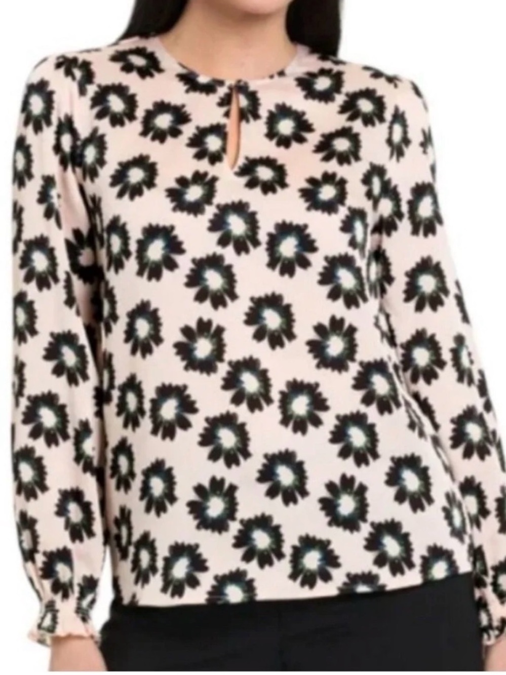 Ted Baker Blush Top Black Floral Green Accents office chic satin blouse sz large
